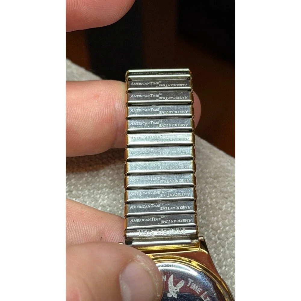 American Time Ltd Union Made Gold Tone Watch BAC Logo Expandable Band 3ATM